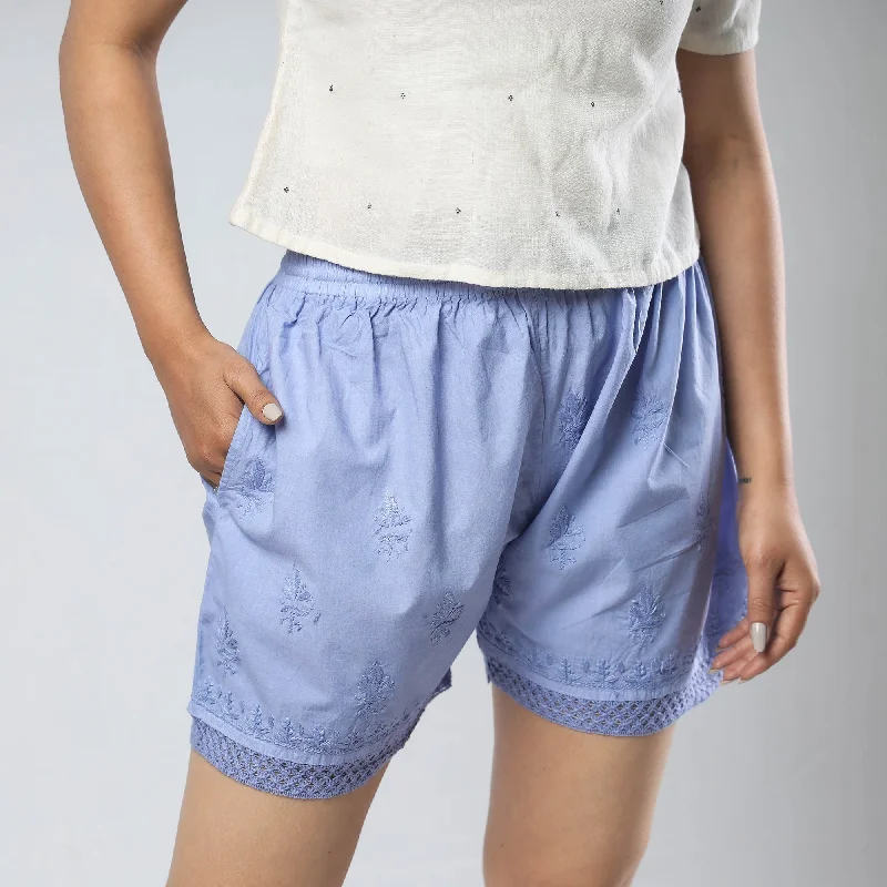 Relaxed Style Blue - Chikankari Hand Embroidered Cotton Short