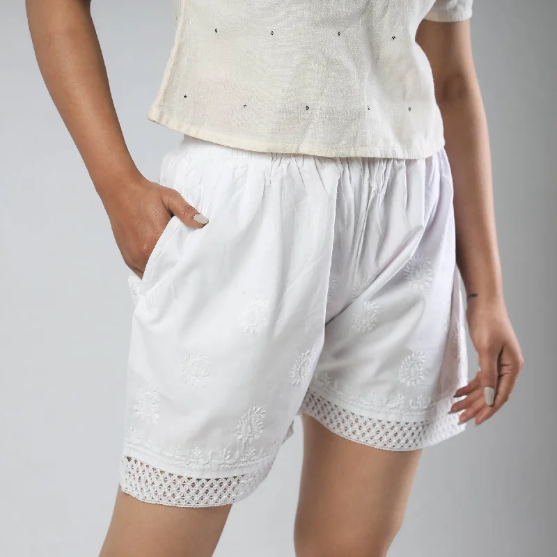 Women Fashion White - Chikankari Hand Embroidered Cotton Short