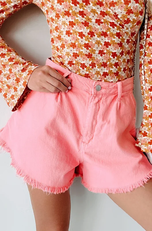 Clothing Sales Becky High Waist Frayed Hem Denim Shorts (Pink)