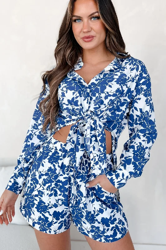 Women's Stylish Outdoor Outfit Blooming With Bliss Floral Button-Down Shirt & Shorts Set (Blue)