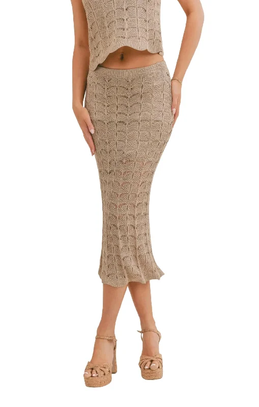 Laid-Back Elegance Cappuccino Open Knit Midi Skirt In Taupe