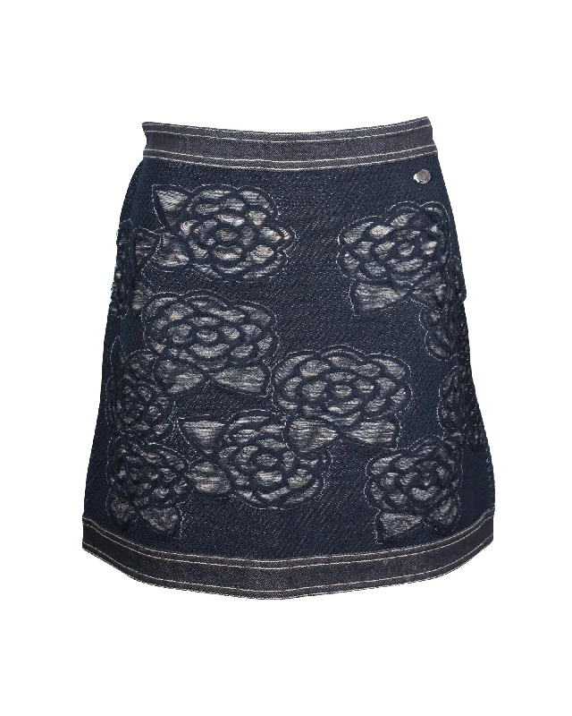 Women's Casual Attire Chanel Floral Motif Denim Mini Skirt in Navy Blue Cotton