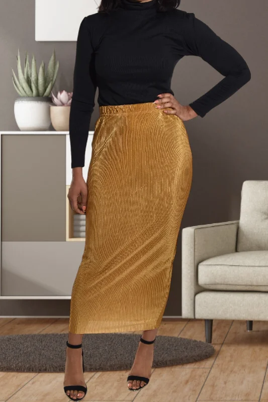 Premium Fashion Elastic Waist Gold Pencil Skirt