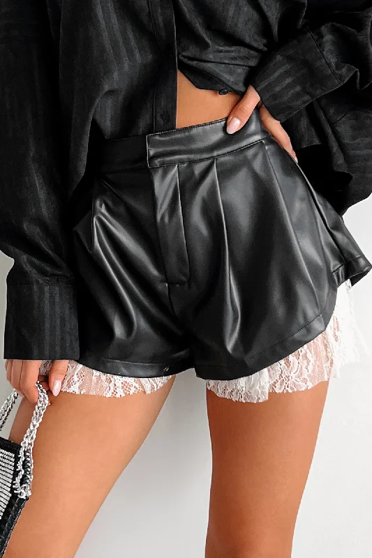 Trendy Street Style Handle With Caution Lace Hem Faux Leather Shorts (Black)