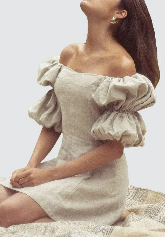 Versatile Women's Fashion MAYA Linen Dress With Puff Sleeves | Beige