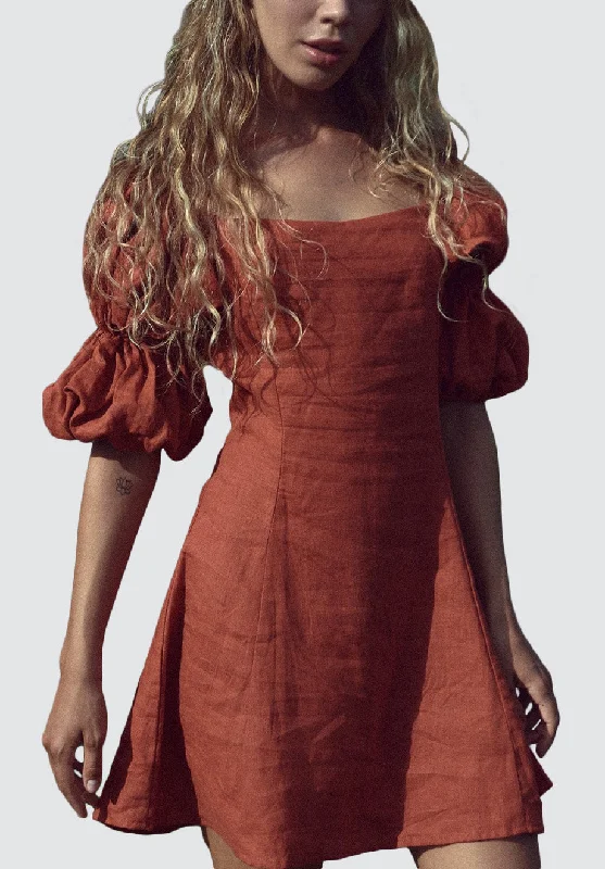 Stylish Everyday Clothing MAYA Linen Dress With Puff Sleeves | Ochre