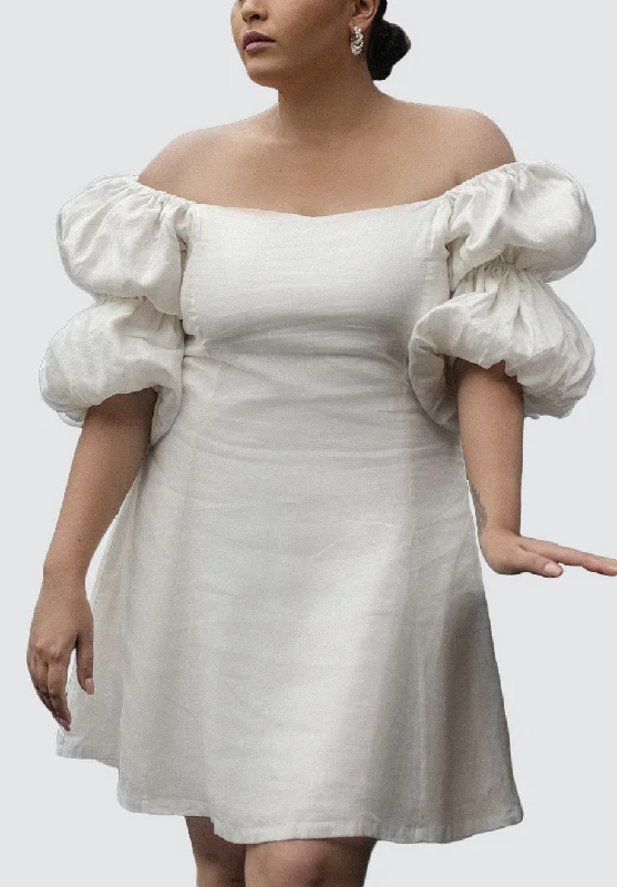 Fashionable Casual Tops MAYA Linen Dress With Puff Sleeves | Off-White