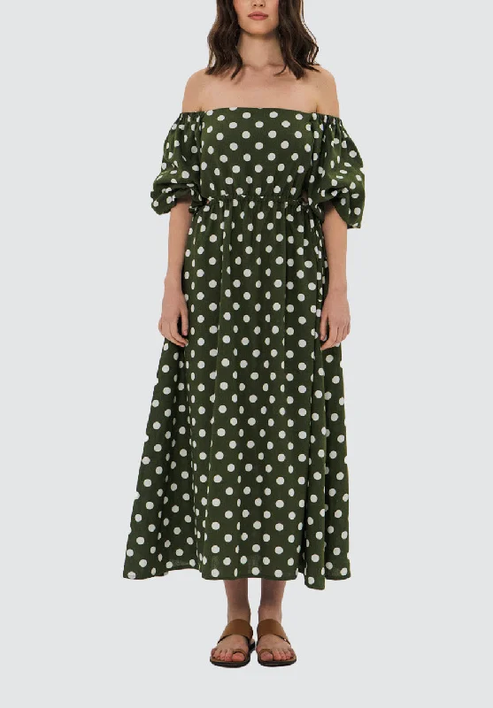 Comfortable Women's Outfits Ophelle Midi Dress | Khaki Polka Dot