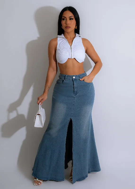Timeless Elegance She's On Trend Denim Maxi Skirt