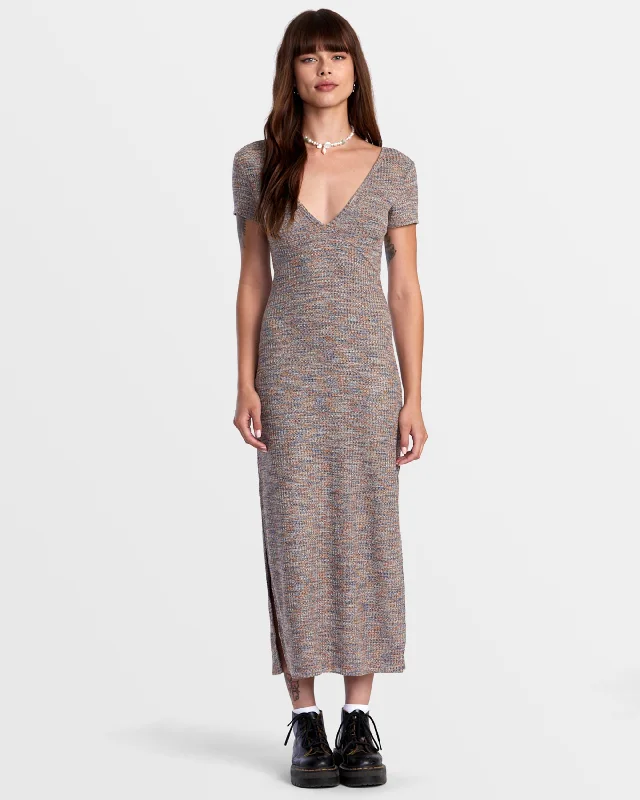 Stylish Women's Clothes for Work and Play Smitten Marled V-Neck Midi Sweater Dress - Camel
