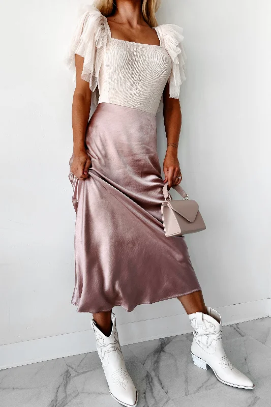 Bold and Elegant Women's Fashion Sophistication Personified Satin Maxi Skirt (Dusty Pink)