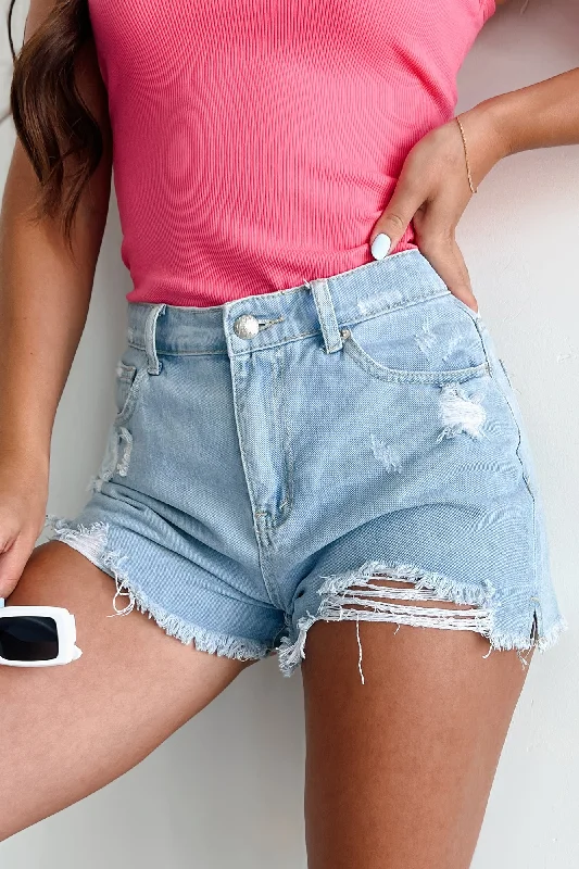 Women's Comfortable Lounge Garments Sorka High Rise Distressed Denim Shorts (Light Denim)