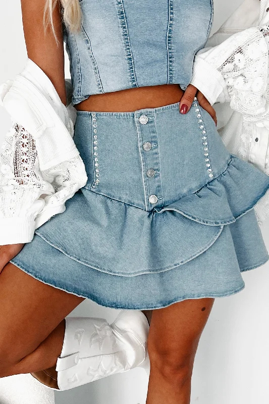 Timeless Women's Fashion Styles Undisputably Cute Ruffled Denim Mini Skirt (Medium Wash)