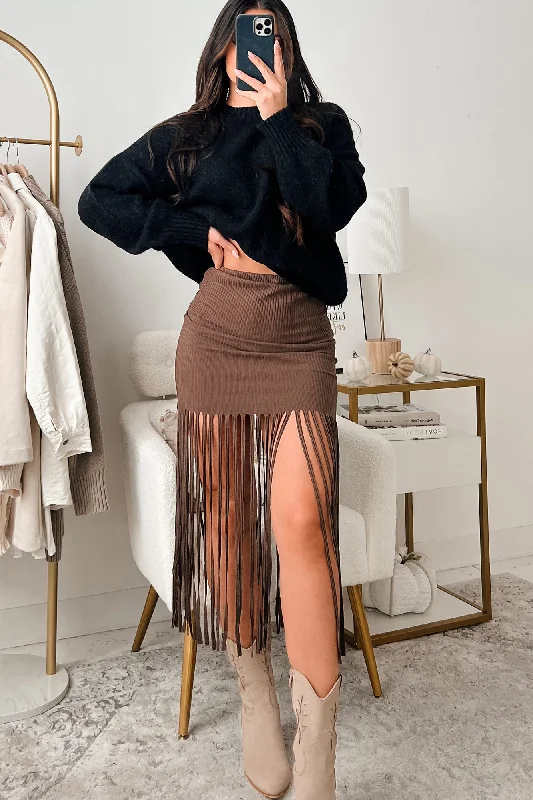 Comfortable Casual Women's Clothing Wild Spirit Fringe Rib Knit Skirt (Brown)