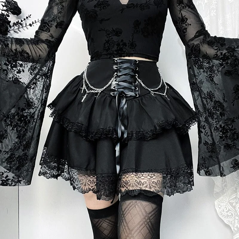Holiday Special Offers Women's Gothic Lace-up Lace Hem Skirt with Chain
