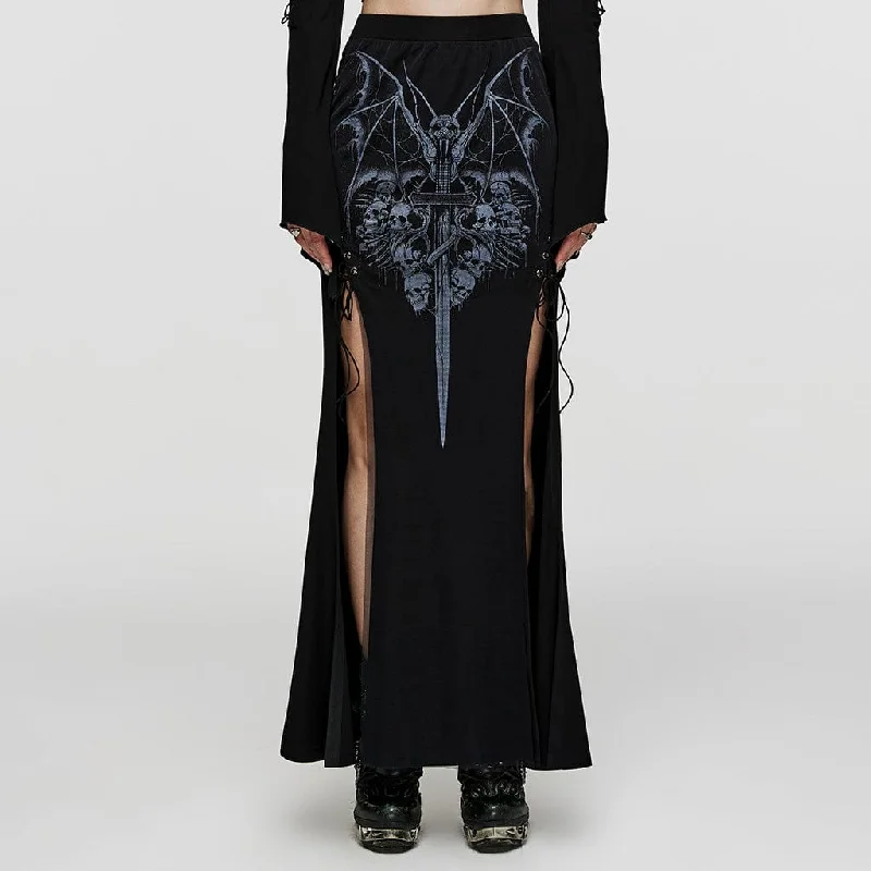 Trendy Fashion For Women Women's Gothic Skull Printed Side Slit Skirt