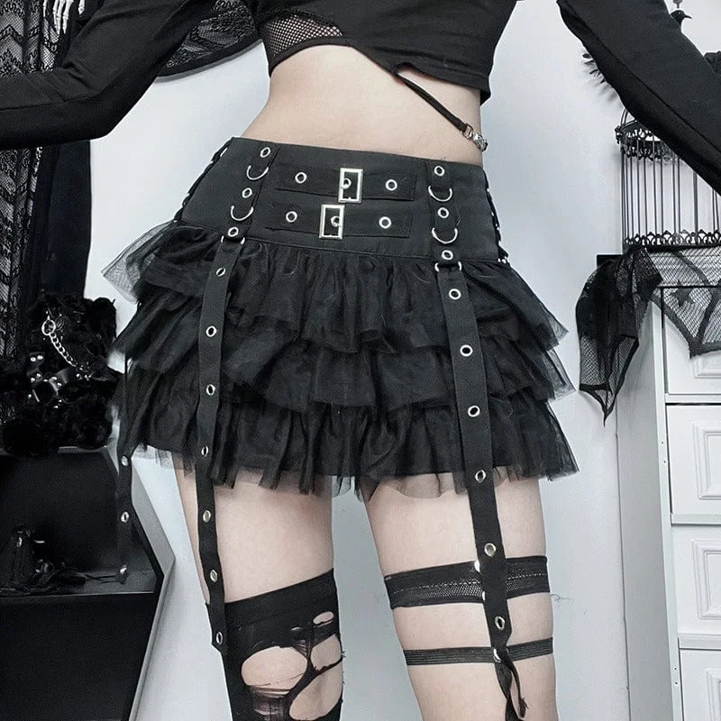 Clothes Of Woman Women's Gothic Strap Splice Mesh Layered Skirt