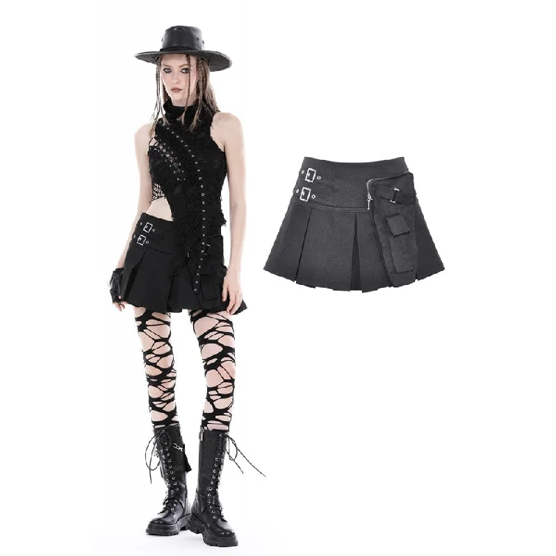 Relaxed Style Women's Punk Big-pocket Buckle Pleated Skirt