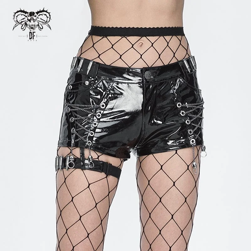 Fashion Essentials Women's Punk Chain Buckle Faux Leather Shorts