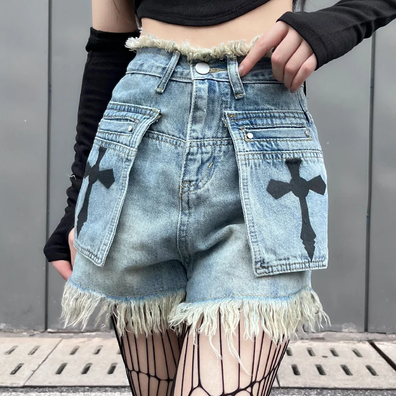 Women Wear Online Women's Punk Cross Embroidered Unedged Shorts