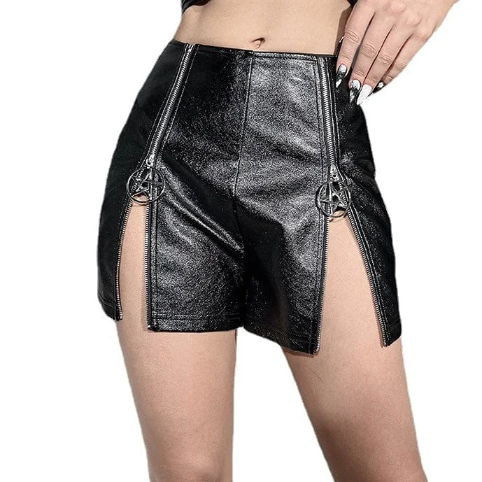 Fashion-forward Women's Clothing Women's Punk Double Zip High-waisted Faux Leather Shorts