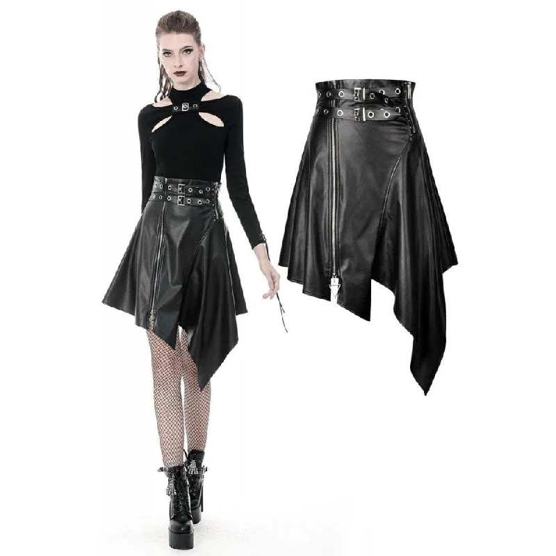 Elegant Styles Women's Punk PU Leather Zippered Irregular Midi Skirts