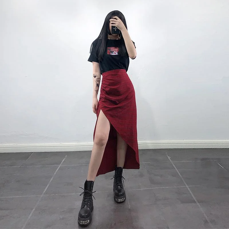 Minimalist Style Women's Ruched Red Slit Wrap Skirts
