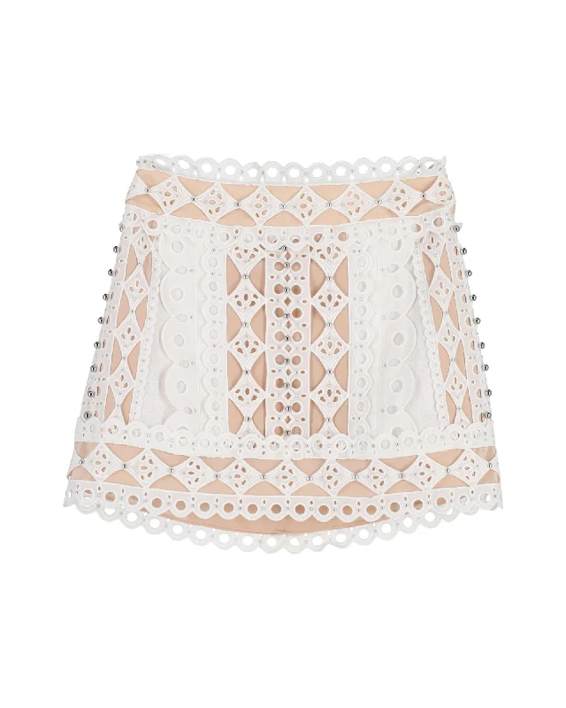 Online Boutiques Clothing Zimmermann Moncur Studded Broderie Mini Skirt in White Cotton