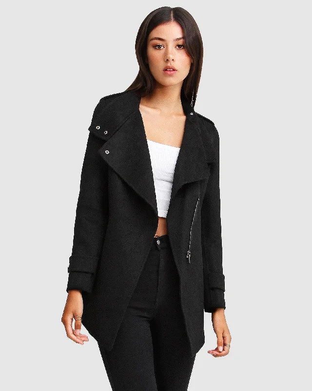 Versatile Women's Fashion Bad Girl Wool Blend Moto Coat - Black