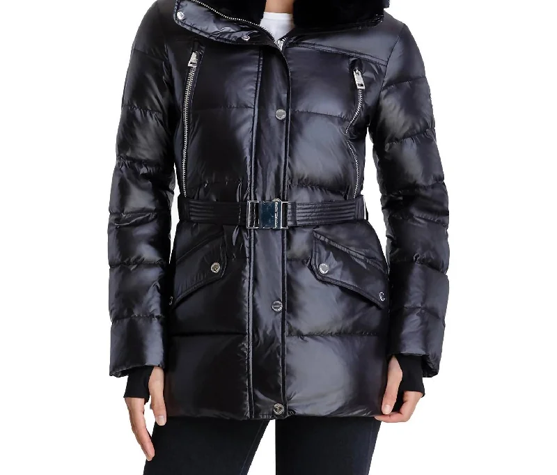 Everyday Wear Belted Faux Fur Collar Quilted Coat Jacket In Black