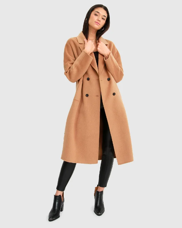 Women's Casual Outfit Boss Girl Double-Breasted Lined Wool Coat - Camel