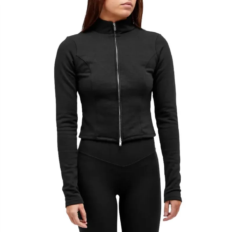 Women's Comfortable Lounge Attire Compression Terry Mock Jacket In Black