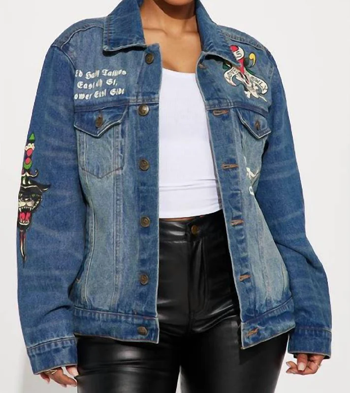 Sporty Streetwear Flame Skull Denim Jacket In Medium Tint