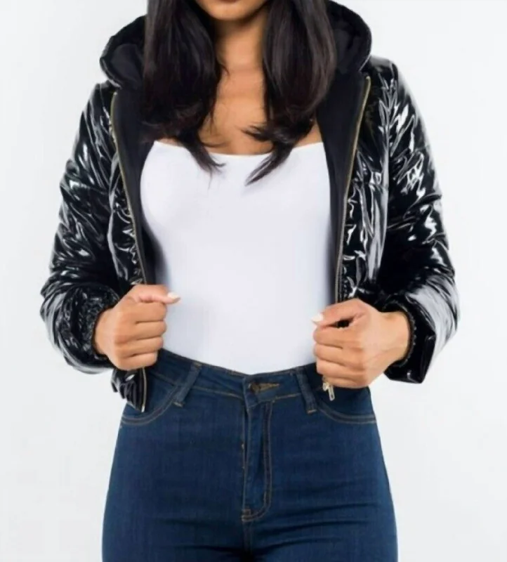 Street Style Fashion Glossy Crop Jacket In Black