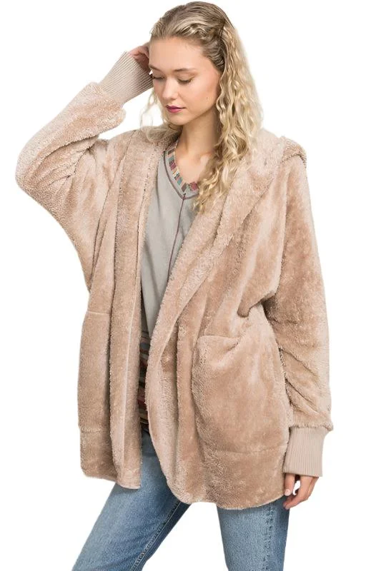 Women's Comfortable Apparel Hem & Thread Fuzzy knit open front, hooded cardigan with pockets L2394