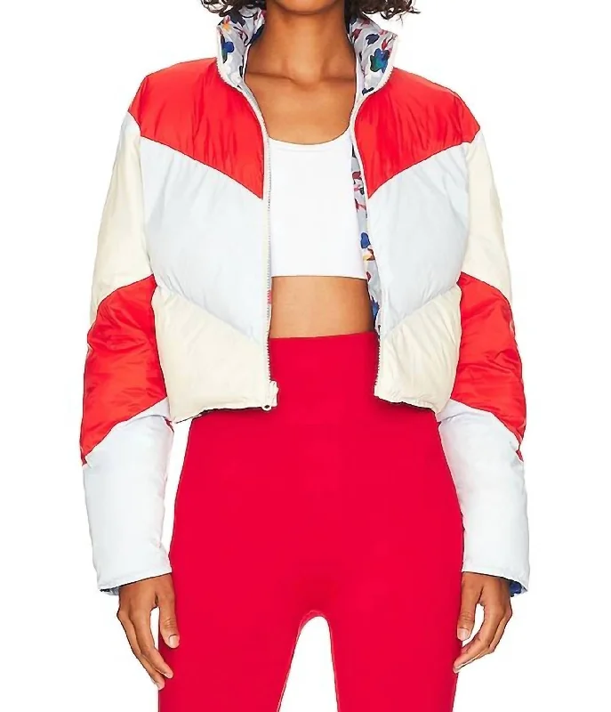 Online Boutiques Clothing Karter Reversible Puffer Jacket In Ice Blue, Eggshell, & Apple Red