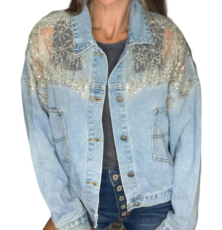 Online Boutiques Mesh Denim Jacket In Blue