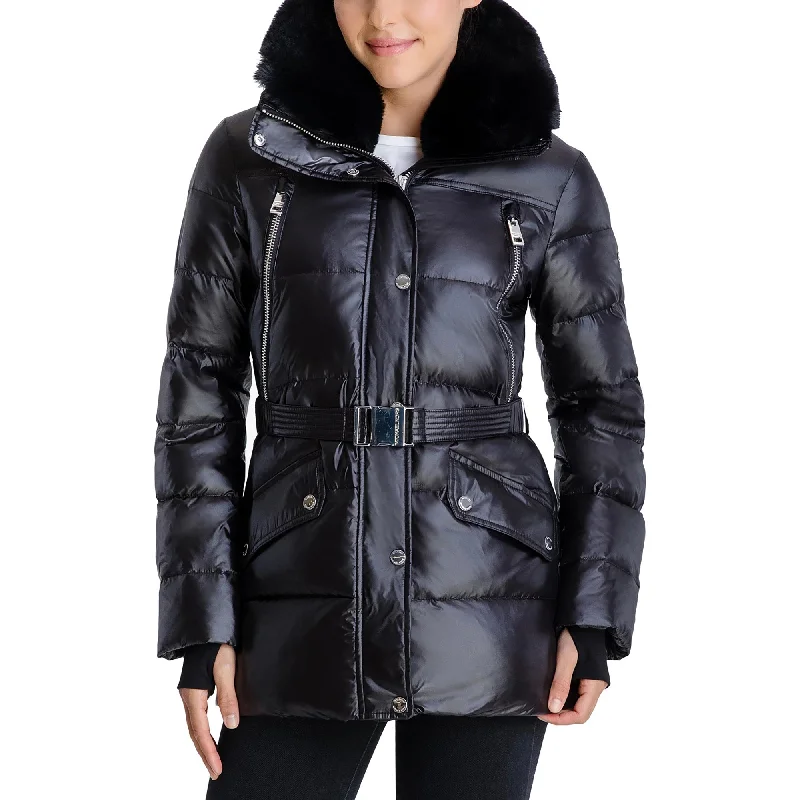 Casual Fashion Michael Kors Black Shiny Down Belted Faux Fur Collar Quilted Coat Jacket