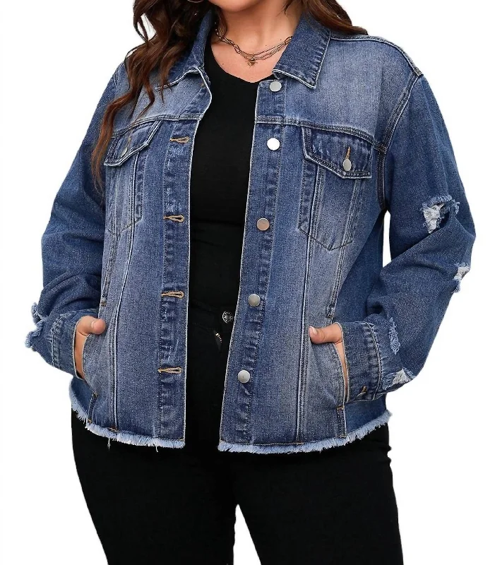 Women's Holiday Attire Plus Size Distressed Flap Pocket Denim Jacket In Dark Blue