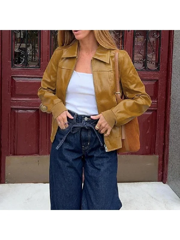 Women's Comfortable Lounge Garments PU Patchwork Lapel Zipper Jackets