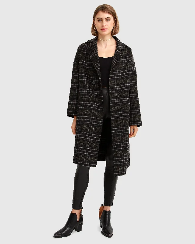 Formal Outfit For Women Publisher Double-Breasted Wool Blend Coat - Black Plaid