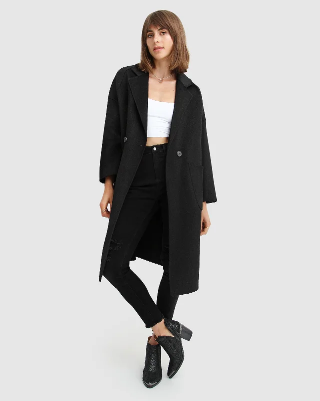 Casual Fashion for Women Publisher Double-Breasted Wool Blend Coat - Black