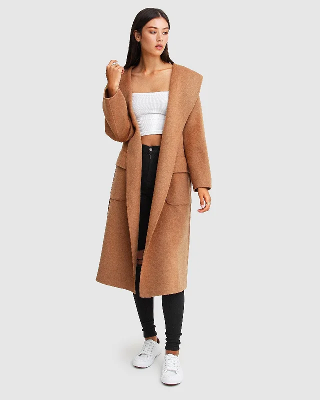 Comfortable Casual Wear Runaway Wool Blend Robe Coat - Dark Camel