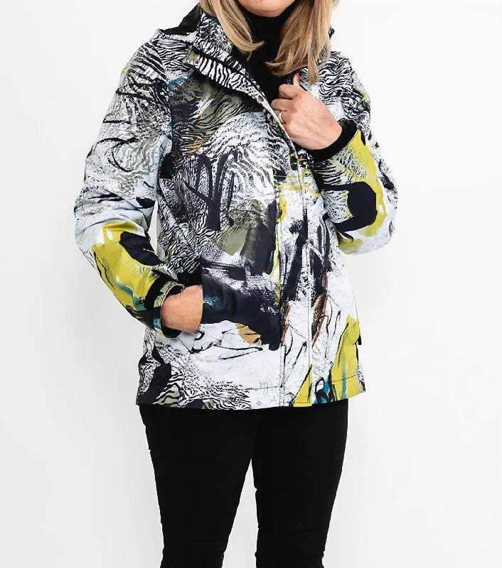 Relaxed Fashion Safari Escape Soft Shell Laminated Abstract Art Coat In Black Multi