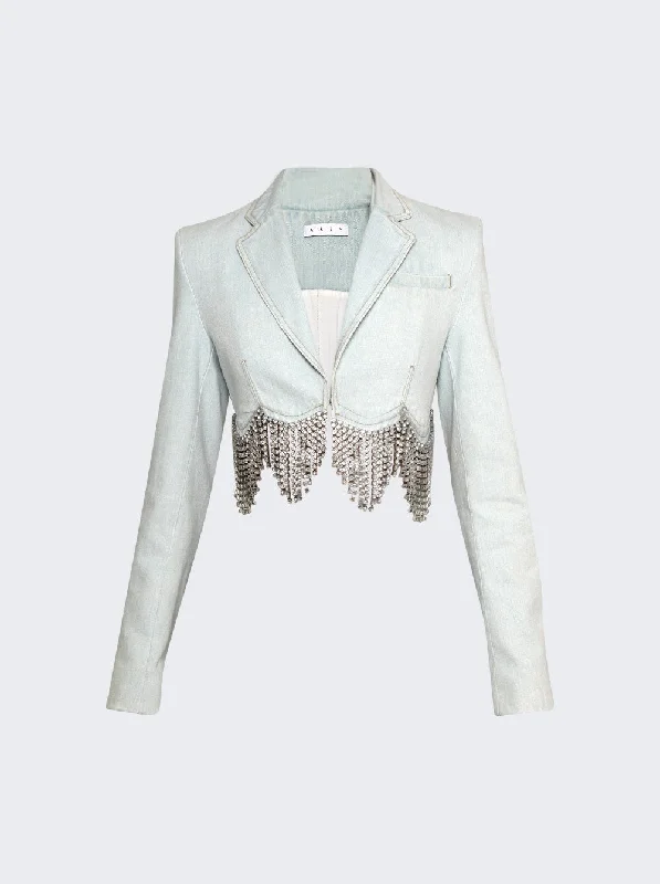 Chic Wardrobe Scalloped Crystal Cropped Denim Jacket