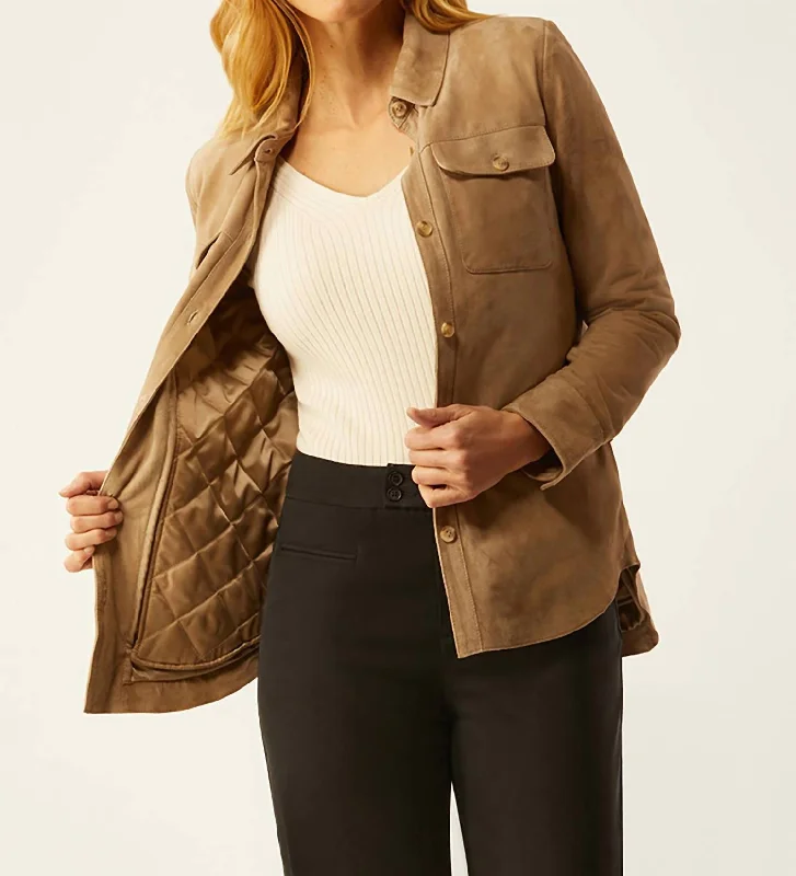 Casual Chic Suede Shirt Jacket With Zip Out Liner In Camel