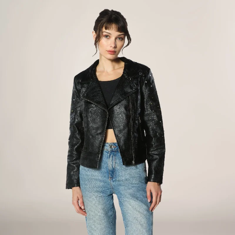 Elegant Women's Attire Women's Faux Leather Studded Biker Jacket