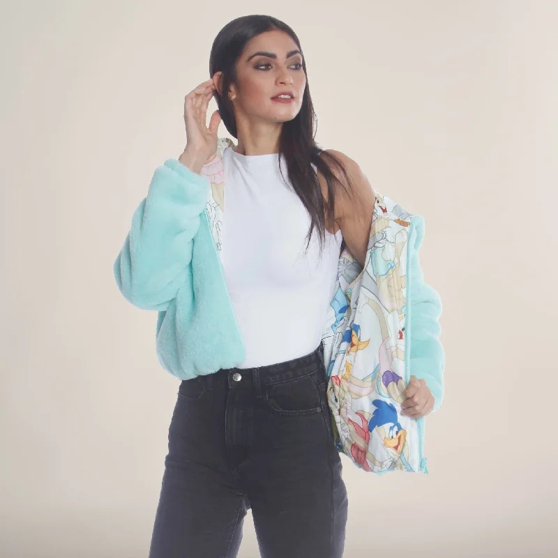 Modern Women's Outfit Women's  Faux Rabbit Fur Reversible Bomber Looney Tunes Satin Mashup Print Lining Jacket