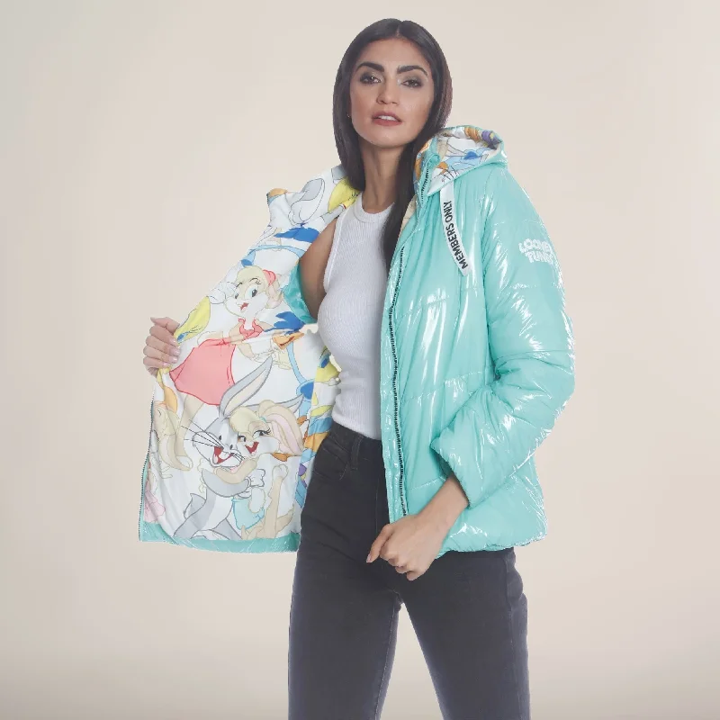 Women's Travel Outfit Set Women's Hi-Shine Chevron Quilt Puffer with Looney Tunes Mashup Print Lining