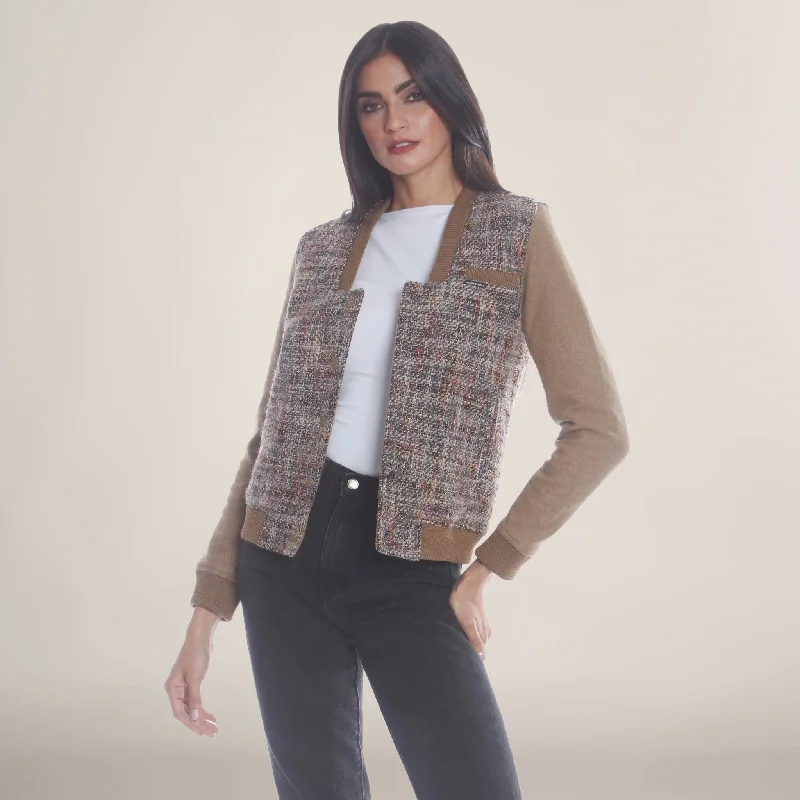Women's Elegant Evening Outfit Women's Updated Tweed Varsity Jacket with Contrast Sleeve